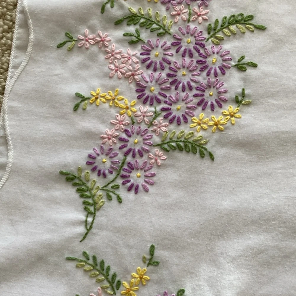 Hand Embroidered White Pillowcase Lavender Flowers Delicate Crafted Colorful EUC